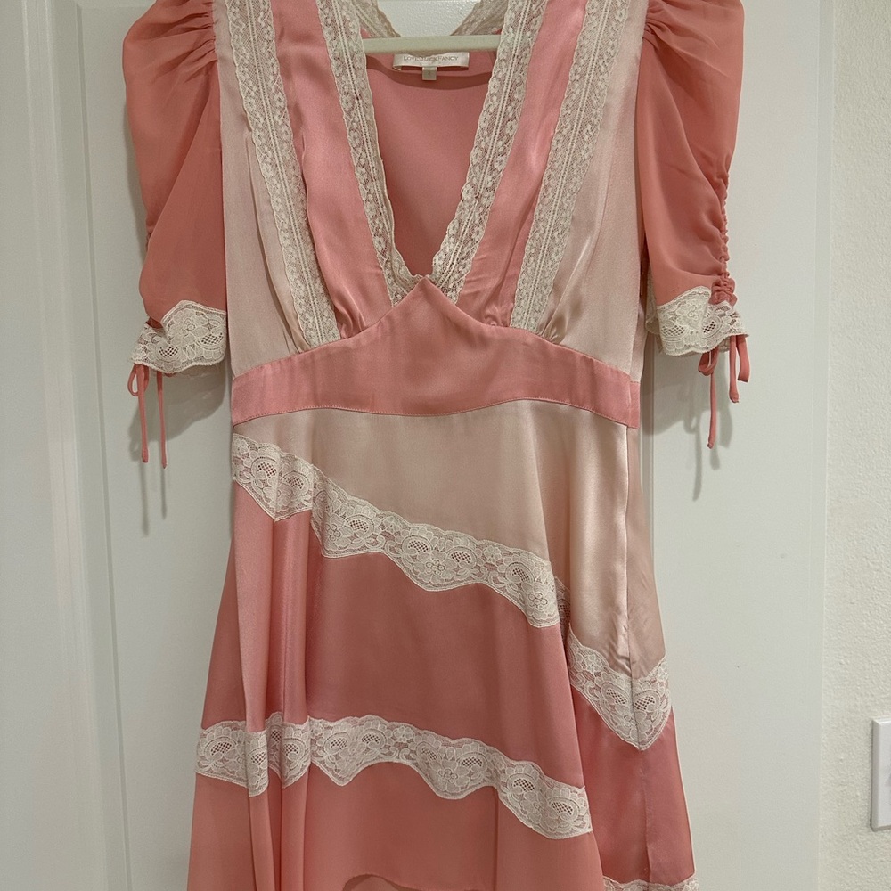 LoveShackFancy Pink and White Lace-Trim Mini Dress